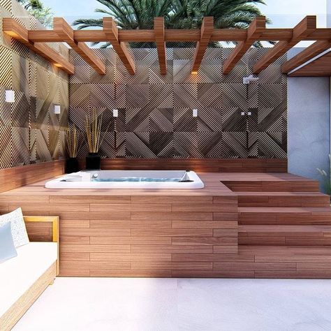 Outdoor Hot Tub Area, Home Jacuzzi, Jacuzzi Deck, Modern Hot Tubs, Hot Tub Deck Design, Hot Tub Area, Outdoor Jacuzzi, Sunken Hot Tub, Backyard Spa