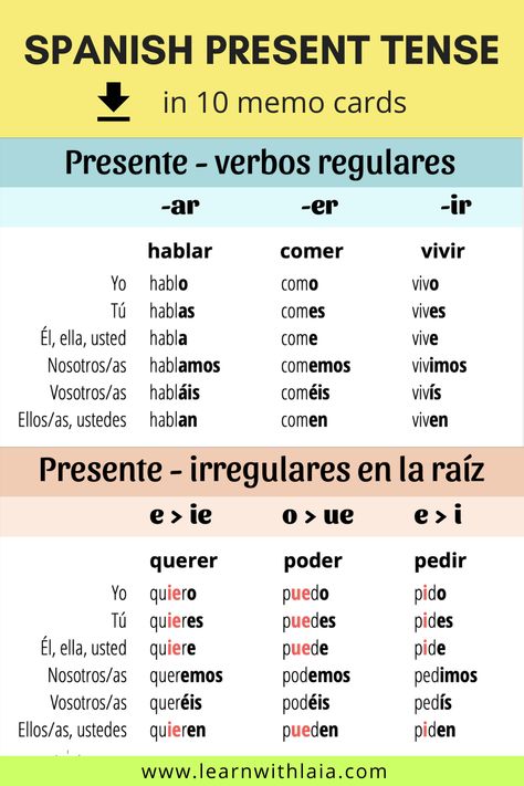 How to conjugate the Spanish present tense step by step, including regular verbs -AR, -ER, -IR, reflexive verbs, irregular verbs, verb gustar, all verb endings. Download the 10 cards to review from the website. Ar Spanish Verbs, Ar Er Ir Verbs Spanish Activities, Spanish Irregular Verbs Present Tense, Ar Verbs In Spanish, Spanish Verbs Conjugation Chart, Ir Verbs Spanish, Spanish Revision, Spanish Regular Verbs, Spanish Verb Tenses