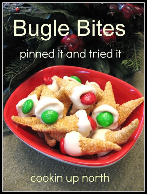 Oh, Pinterest, how did I ever live without you?   I find so many fun ideas that I just HAVE to make.....like these adorable Bugle Bites!... Bugles Snack Mix, Cream Cheese Spread Recipes, Snack Mix Recipes, Christmas Candy Recipes, Christmas Appetizers, Christmas Snacks, Homemade Snacks, Candy Desserts, Christmas Cooking