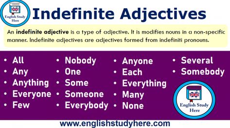 Indefinite Adjectives in English Indefinite Adjectives, Comparative And Superlative Adjectives, Daily English Words, Comparative And Superlative, List Of Adjectives, Grammar Notes, English Grammar Notes, English Adjectives, Adjective Worksheet