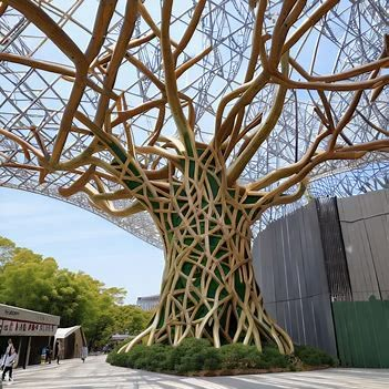 Osaka 2025 Expo Pavilion tree branch metal structure, bamboo wood exterior, green roof - Image Creator from Microsoft Bing Tree Pavilion, Tree Structure, Pavilion Design, Giant Tree, Tree Shapes, Metal Structure, Green Roof, Create Image, Bing Images