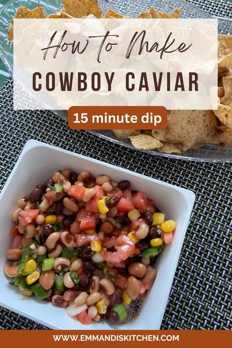 Cowboy Caviar, or Texas Caviar, is a cold salad recipe consisting of black eyed peas, a light vinaigrette dressing, and colorful vegetables! his recipe is the perfect game day football or Super Bowl watching snack. Dip in chips for an appetizer or party snack. Easy to make ahead of time and bring. It's a perfect healthy appetizer that is ready in less than 15 minutes. Easy Cowboy Caviar Recipe, Healthy Football Snacks Appetizers, Munchy Food, Cold Appetizers For Party Make Ahead, Easy Appetizers For A Party Make Ahead, Texas Caviar Dip, Cowboy Caviar Dip, Cold Party Appetizers, Caviar Dip