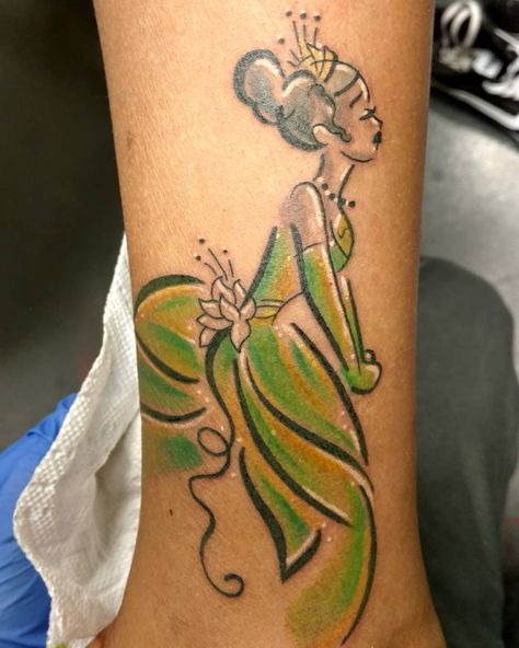 Tiana Princess And The Frog Tattoo, Disney Princess And The Frog Tattoo, Princess In The Frog Tattoo, Tiana Tattoo Disney, The Princess And The Frog Tattoo, Evangeline Tattoo, Disney Tattoos Princess And The Frog, Princess Tiana Tattoo Ideas, Princess Tiana Tattoo