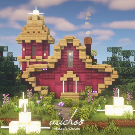 Minecraft Fairycore, Minecraft Cherry Blossom House, Minecraft Village Ideas, Pfp Minecraft, Cherry Blossom House, Minecraft Pfp, Minecraft Cherry Blossom, Village Minecraft, Minecraft House Decor