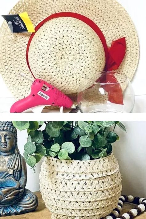 Learn how to make a boho planter with an upcycled wicker hat you can get at the dollar tree. Cheap and easy quick boho planter diy tutorial. #boho #budgetdecor #bohoplanter Diy Boho Vase Ideas, Boho Dollar Store Diy Bedroom, Boho Dollar Tree Decor, Dollar Tree Ideas Decor, Diy Boho Office Decor, Diy Boho Gifts, Dollar Store Boho Diy, Boho Dollar Tree Diy, Diy Boho Planters