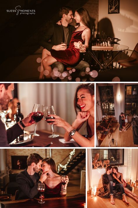 SOHO NYC engagement photos date night themed Date Night Pre Wedding Shoot, Couple Dining Photography, Candle Night Dinner Couple, Date Night Photoshoot Ideas, Engagement Dinner Photos, Hotel Couple Pictures Photo Ideas, Wine Couple Photography, Pre Wedding Night Photoshoot, Date Night Indoors