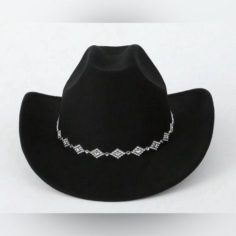 Add A Touch Of Elegance And Western Flair To Your Wardrobe With This Stunning Black Western Hat. Crafted From High-Quality Felt, It Features A Sleek, Structured Design And A Stylish, Beaded Band. The Intricate Silver Embellishments Add A Sophisticated Sparkle, Making It A Standout Accessory For Any Occasion. Whether You’re Dressing Up For A Night Out, Attending A Country-Themed Event, Or Just Want To Make A Statement, This Hat Is The Perfect Choice. Condition: New Material: Felt Color: Black Siz Black Cowgirl Hat, Black Cowgirl, Western Hat, Black Cowboy, Structured Design, Cowgirl Hat, Western Chic, Cowboy Style, Western Hats