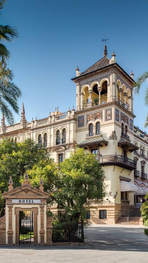 Spanish Palace, Travel Interior Design, Mediterranean Hotel, Spain Seville, Andalusian Architecture, Tuscan Architecture, Off The Mark, Hotel Exterior, Neoclassical Architecture