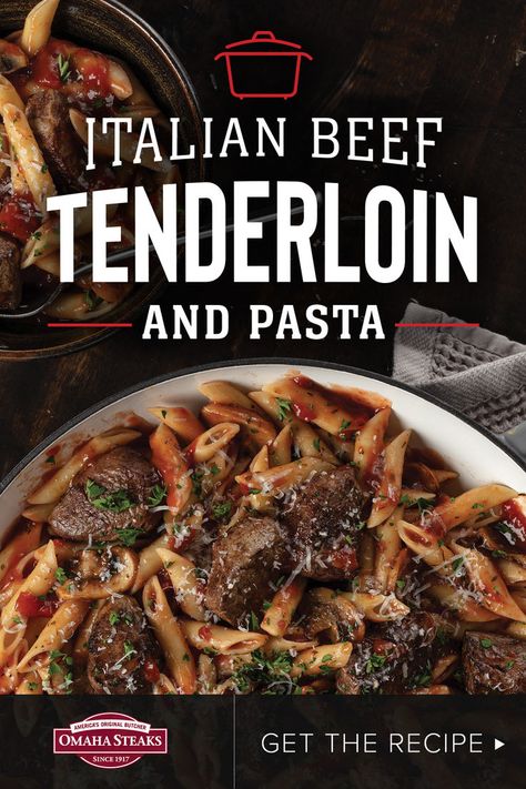 Italian Beef tenderloin and pasta Tenderloin Tips Recipe, Mostaccioli Pasta, Beef Tenderloin Recipes, Omaha Steaks, Steak Tips, Tenderloin Steak, Italian Beef, Tenderloin Recipes, Beef Tips