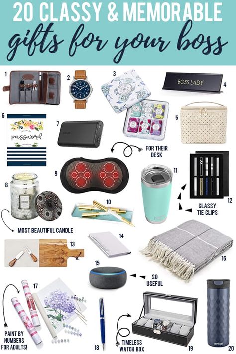 The 20 best, most memorable gifts for your boss that are sure to impress and score you points! #whiteelephant #gifts #christmas #boss #work #office | happymoneysaver.com Gift Basket For Boss For Men, Boss Gifts For Christmas, Boss Presents, Gifts For Your Boss Men, Thank You Gift For Boss, Boss Gift Basket, Manager Gift Ideas, Birthday Gift For Boss, Gift For Boss Woman