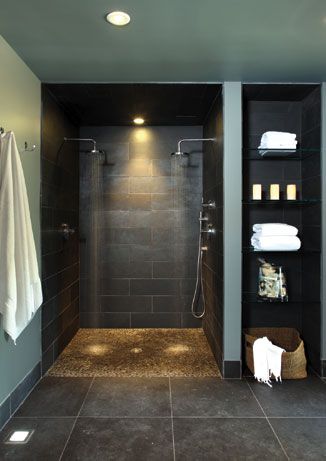 Shower for two. Doorless Shower Design, Spa Bathroom Design, Doorless Shower, Open Showers, Spa Design, Basement Bathroom, Bathroom Spa, Bad Design, Dream Bathrooms