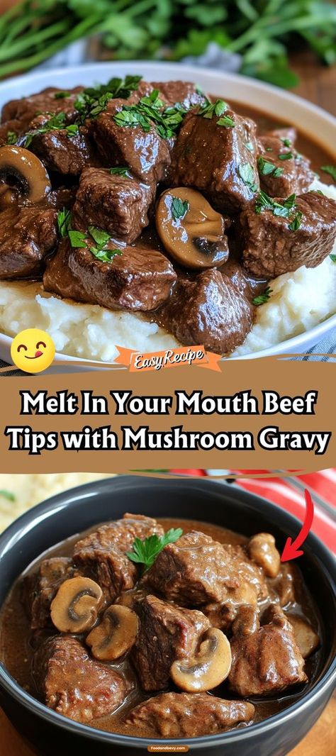 Savor the richness of Melt In Your Mouth Beef Tips with Mushroom Gravy, a dish that promises tenderness and flavor in every spoonful. The beef tips are slow-cooked until they are irresistibly tender, and the mushroom gravy adds a creamy, umami-packed coating that enhances the meat perfectly. It’s ideal for a comforting dinner. #BeefTips #MushroomGravy #ComfortFood Crock Pot Beef And Mushrooms, Beef Tips And Mushrooms, Beef Tips With Mushroom Gravy, Tender Beef Tips, Beef And Mushroom Recipe, Creamy Mushroom Gravy, Beef Tri Tip, Recipe Keeper, Beef Tips And Gravy