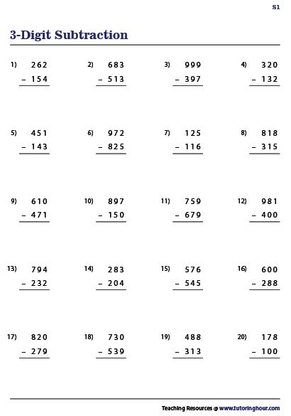 Subtracting Three Digit Numbers Three Digit Subtraction, First Grade Addition, Third Grade Math Activities, Third Grade Worksheets, Learning Websites For Kids, First Grade Curriculum, Math Fact Worksheets, Math Practice Worksheets, Math Subtraction