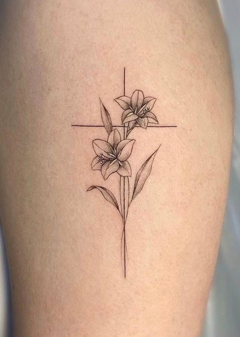 Cross With Lily Tattoo, Cross And Lily Tattoo, Cross With Lilies Tattoo, Consider The Lilies Tattoo, Cross Sternum Tattoo Women, Cross Floral Tattoo, Cross And Flower Tattoo, Feminine Cross Tattoos For Women, Fine Line Cross Tattoo