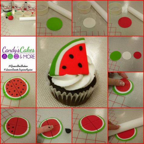 Watermelon Cupcake topper Watermelon Fondant Topper, Watermelon Cupcake Toppers, Watermelon Cake Topper, Luau Party Food, Tropical Cupcakes, Watermelon Cupcakes, Summer Cupcakes, Watermelon Birthday Parties, Watermelon Cake