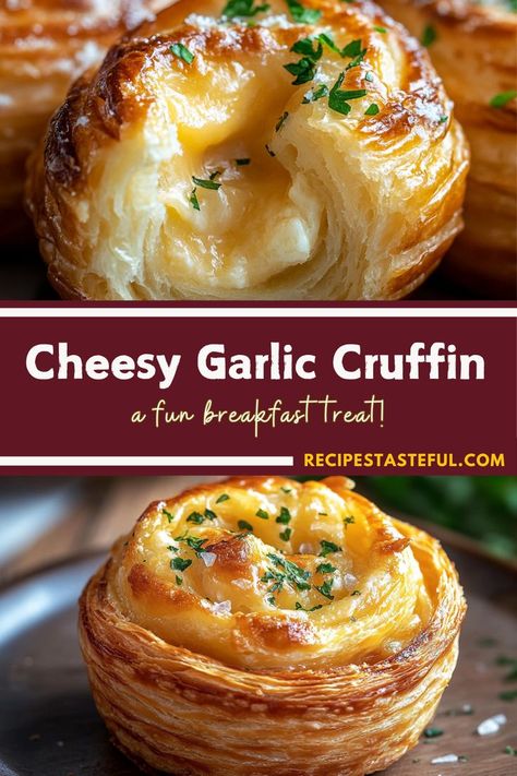 This Cheesy Garlic Cruffin recipe combines buttery crescent roll dough with a flavorful garlic-chive cheese filling, rolled and baked to golden perfection in a muffin tin. These fluffy, cheesy cruffins make the perfect side dish or appetizer for any occasion! Cruffins Recipe, Crescent Roll Recipes Appetizers, Cheese Crescent Roll Recipes, Breakfast Cheese Danish, Cruffin Recipe, Cheesy Rolls, Breakfast Sides Dishes, Cheese Crescent Rolls, Breakfast Crescent Rolls