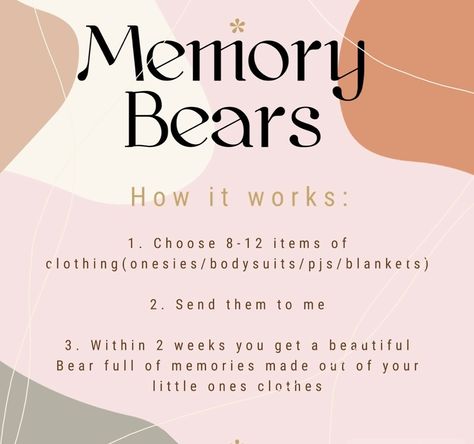 From all of your baby clothes that you kept (if you are like me there’s a lot) choose 8-12 items that you would like to see on the Memory Bear. Put them in a box or a bag and sent them to me ❤️ you can even write on a piece of paper if you want a specific item to be on a specific part of the Bear. Once I receive your items, I will get in touch with you to go over the final detailing before I start sewing! #memorybear #keepsake #mom #nursery #kidsroom Bear Poster, Keepsake Bear, Memory Bears, Start Sewing, Memory Bear, Piece Of Paper, The Bear, A Bag, In A Box