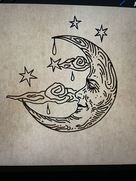 Drawing Ideas Moon, Moon And Stars Drawing, Sun And Moon Drawing, Aesthetic Procreate, Art Deco Moon, Filler Tattoos, Stars Drawing, Vintage Sketches, Half Moon Tattoo