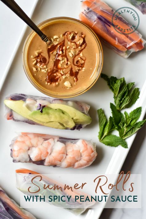 These fresh and healthy summer rolls can be made with any protein and vegetables you have on hand. Just wrap in rice wrapped and dip in the addicting sweet and salty peanut sauce. It's the perfect casual weeknight dinner! #springrolls #shrimprecipes Easy Summer Rolls, Rice Wraps, Peanut Dipping Sauces, Spicy Peanut Sauce, Sauce For Rice, Shrimp And Rice, Spicy Peanuts, Feel Good Food, Summer Rolls