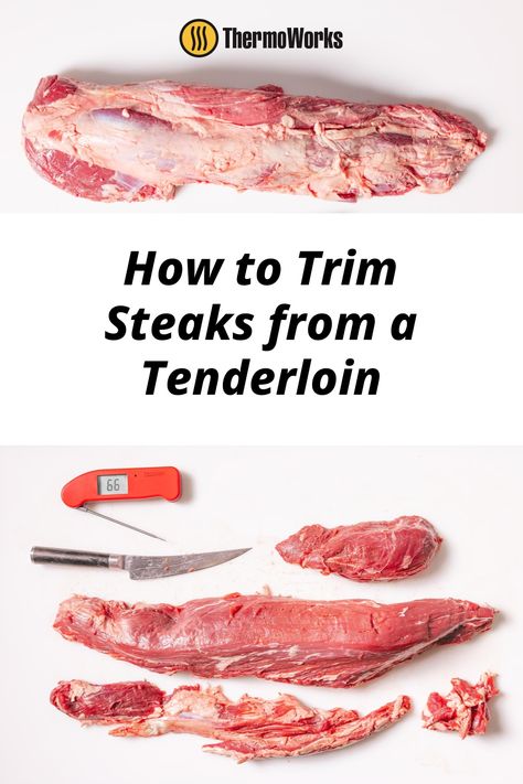 Save money on your next steak dinner & follow the steps outlined in this tutorial on how to cut filet steaks from a whole tenderloin. Filet Steak, Whole Beef Tenderloin, Fillet Mignon, Mignon Steak, Filet Mignon Steak, Rare Steak, Tenderloin Steak, Tenderloin Roast, Beef Wellington