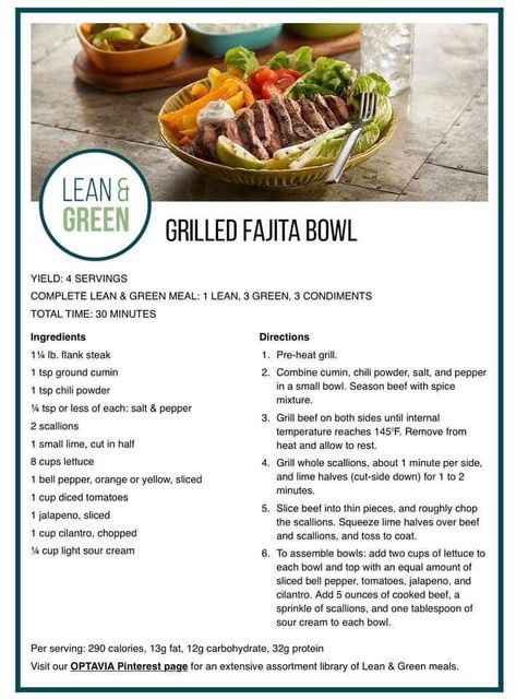 Lean & Green Grilled Fajita Bowl | Lean protein meals, Lean eating, Lean and green meals Lean Dinners, Fajita Bowl, Medifast Recipes, Lean Protein Meals, Optavia Recipes, Lean And Green, Fajita Bowls, Lean Meals, Food Fast