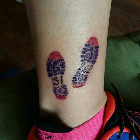 First marathon tattoo, plus half Half Marathon Tattoo Ideas, Marathon Tattoo Ideas For Women, Runner Tattoo For Women, Running Tattoos For Women, Half Marathon Tattoo, Running Shoes Tattoo, Running Tattoos, Marathon Tattoo, Runner Tattoo