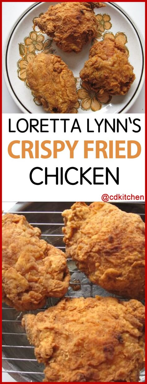 Loretta Lynn's Crispy Fried Chicken - What's the secret to country singer Loretta Lynn's famous crispy fried chicken? It's all in the double coating of seasoned flour. Made with chicken, , flour, garlic salt, black pepper, paprika, poultry seasoning, salt, egg yolk, water | CDKitchen.com Fried Chicken With Cream Of Chicken Soup, Broasted Chicken Recipe Video, Best Seasoning For Fried Chicken, Old Fashion Fried Chicken Recipe, Old School Fried Chicken, Chicken Coating Recipes Flour, Fried Chicken Thigh Recipes Bone In, Fried Chicken With Flour And Egg, Flour And Cornstarch Fried Chicken