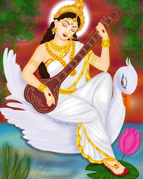 Sarswati Maa Paintings, Saraswati Rangoli Design, Sarswati Maa Wallpapers Full Hd, Saraswati Goddess Paintings, Maa Saraswati Drawing, Saraswati Drawing, Saraswati Painting, Super Easy Drawings, Scenery Drawing For Kids