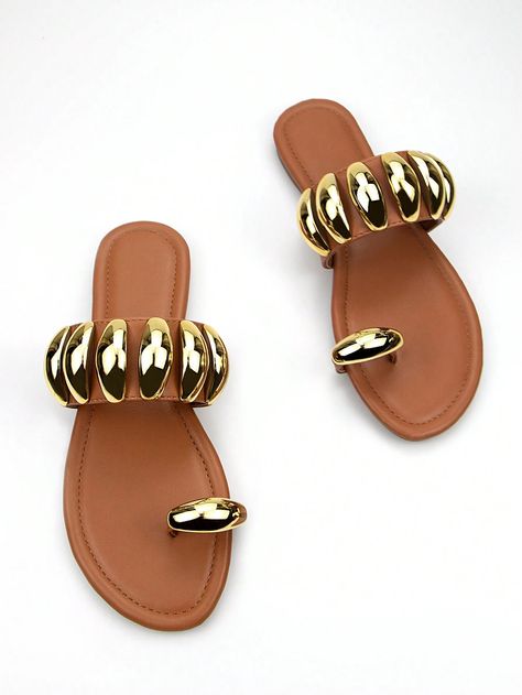 Women's Fashionable Brown Fabric Comfortable Flat Sandals With Round Toe, Gold Metal Buckles, And Toe Clip, For Daily WearI discovered amazing products on SHEIN.com, come check them out! Stylish Flat Shoes, Flat Shoes For Women, Wedding Shoes Lace, Fashion Shoes Sandals, Comfortable Flats, Fashion Sandals, Womens Sandals Flat, Sandal Fashion, Metal Buckles