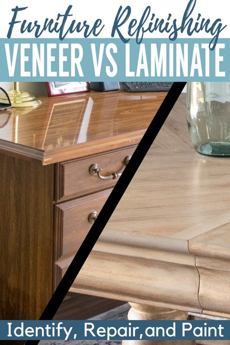 A desk made of laminate wood and a table made of veneer with text label. Repainting Laminate Furniture, Painting Over Veneer Furniture, Painting Wood Veneer Furniture, How To Paint Veneer Furniture, Refinishing Veneer Furniture, How To Paint Laminate Furniture, Painting Veneer Furniture, Refinishing Laminate Furniture, Painting Veneer