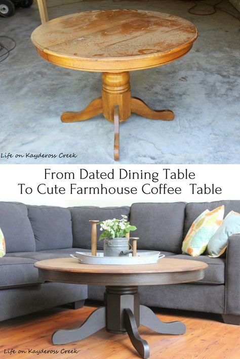 Round Coffee Table Wood Farmhouse, Round Table Repurpose Ideas, Repurposed Round Coffee Table, Refinish Accent Table, Round Dining Table To Coffee Table, Kitchen Table To Coffee Table, Diy Round Pedestal Coffee Table, Upcycle Round Table, Dining Table To Coffee Table Diy