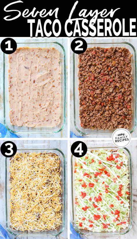 BEST Family Dinner!! This dinner is equally hearty and delicious. 7 LAYER TACO CASSEROLE with ground beef is super easy to make but, but packs in the flavor. Kid-friendly, but adults will agree it is amazingly delicious! This dinner casserole packs in the tasty layers with refried beans, ground beef taco meat, cheese, tortilla chips, shredded lettuce, tomato and sour cream. And it's simple to make! If you need a ground beef dinner idea, this easy Mexican recipe is it! Taco Casserole With Refried Beans, Layer Taco Casserole, Taco Casseroles, Hamburg Recipes, Ground Beef Taco Meat, Beef Taco Meat, Casserole With Ground Beef, Layered Taco, Ground Beef Taco