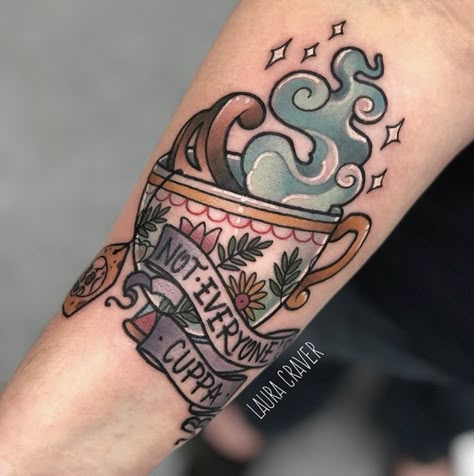 Neo Traditional Coffee Cup Tattoo, Neo Traditional Teacup Tattoo, Teapot Tattoo Design, Traditional Tattoo For Son, Traditional Coffee Tattoo, Traditional Teacup Tattoo, Cup Of Tea Tattoo, Ambition Tattoo, Teapot Tattoo