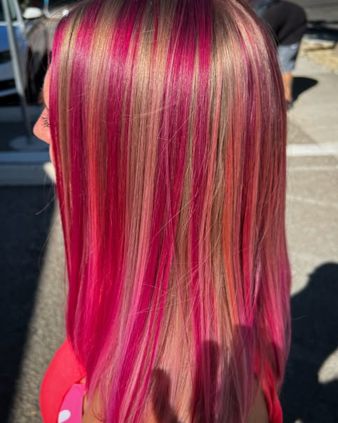 Pink chunk highlights Hot Pink And Blonde Hair Highlights, Hot Pink Blonde Hair, Blonde With Pink Chunky Highlights, Pink Red Highlights, Blonde With Hot Pink Peekaboo, Pink And Blonde Skunk Hair, Neon Highlights, Pink Chunky Highlights In Blonde Hair, Neon Pink Highlights