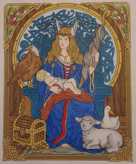 Frigg Goddess Art, Frigga Goddess Art, Frigg Goddess, Frigga Goddess, Goddess Frigg, Pagan Deities, Germanic Mythology, Freya Goddess, Coloring Pages For Grown Ups