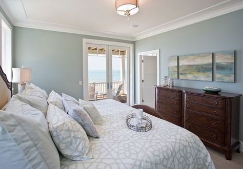 A “favorite paint color for Master Bedrooms”: “Benjamin Moore 2138-50 Misted Green”. Misted Green, Beach Style Bedroom, Bathroom Addition, House Of Turquoise, Beach House Kitchens, Sandy Shores, Bee Inspired, Bungalow Style, Bungalow Design