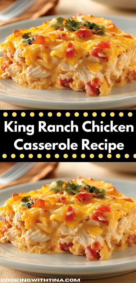 Looking for a hearty family meal? This King Ranch Chicken Casserole recipe combines tender chicken, zesty peppers, and creamy sauce, making it a delicious choice for busy weeknight dinners that everyone will enjoy. Creamy Chicken Ranch Casserole, Chicken Bake Casserole Easy, Velveeta Chicken Casserole, Casserole Family Dinners, Recipes With Already Cooked Chicken, Healthy Lunch Casserole Recipes, King Ranch Chicken Casserole With Chips, Chicken Recipes For Large Family, King Ranch Casserole Chicken