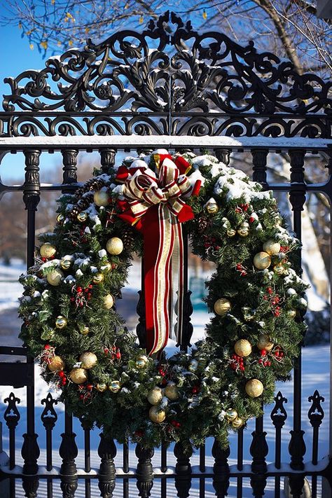 Lovely holiday wreath on a wrought iron gate. Christmas Wreath On Driveway Gate, Gate Wreath Ideas, Large Outdoor Wreath On House, Large Christmas Wreath Outdoor, Large Wreath Ideas, Diy Large Wreath, Christmas Gate Decorations Outdoor, Gate Wreath, Elf Culture