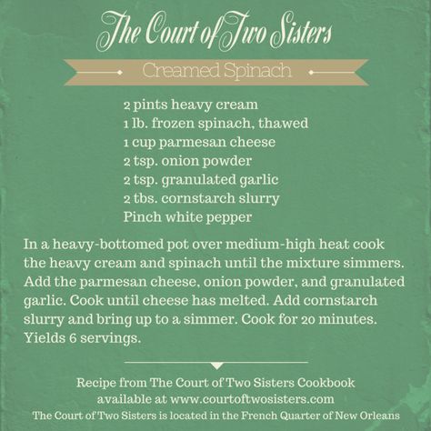 Court of Two Sisters creamed spinach Court Of Two Sisters, Louisiana Cuisine, Seafood Dish Recipes, New Recipes For Dinner, New Orleans Recipes, Cajun Creole Recipes, Aol Mail, Louisiana Recipes, Creole Recipes