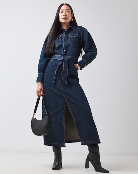 MARIA'S STYLE PLANET: DARK DENIM DRESS Dark Denim Dress, Maxi Denim Dress, Dress Black Boots, Long Denim Dress, Wrap Shirt Dress, Oversized Shirt Dress, Maxi Shirts, Slim Fit Casual Shirts, Denim Maxi