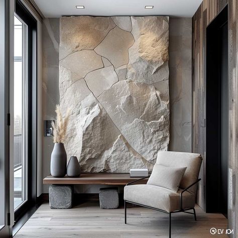 Stone Wall Interior Design Modern, Stone Wall Design Interior, Faux Stone Wallpaper, Rock Interior, Garden Nooks, Art Wall Design, Minimalist Entryway, Stone Feature Wall, Stone Walls Interior