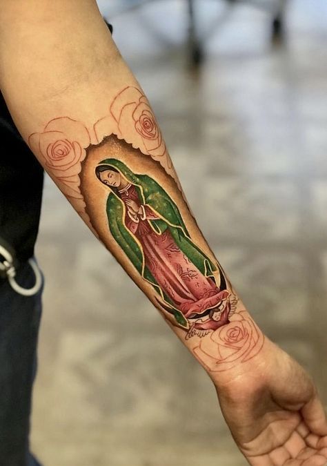 Color Virgin Mary Tattoo, Red Virgin Mary Tattoo, Virgencita Tattoo Women, La Virgen Tattoo, Virgen De Guadalupe Tattoo Ideas Women, Virgen Mary Tattoo For Women, Virgin Mary Tattoo For Women, Lady Of Guadalupe Tattoo, Virgin De Guadalupe Tattoo Ideas