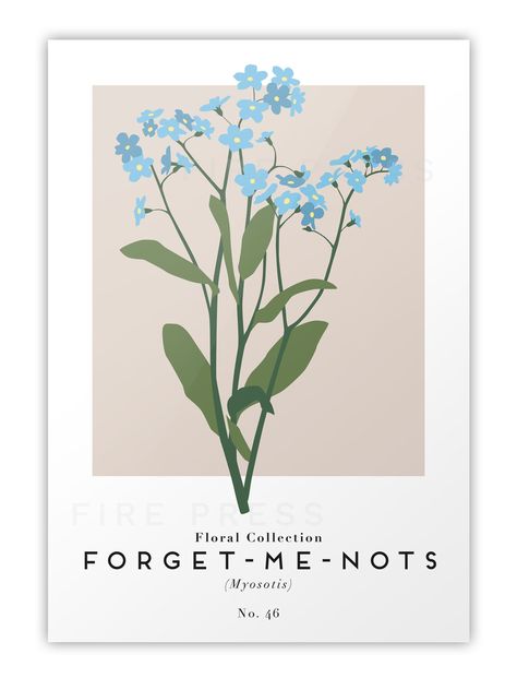 Modern minimalist Forget-Me-Nots botanical poster influenced by exhibition art - No. 046. Poster Prints Blue, Apartment Posters, Minimalistic Posters, Taupe Wallpaper, Printable Wall Collage, Poster Flower, Flowers Poster, Butterfly Art Painting, April Flowers