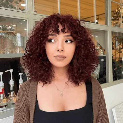 Mid Length Curly Hair With Bangs, Wine Curly Hair, Maroon Curly Hair, Coloured Curly Hair, Wine Red Curly Hair, Short Curly Red Hair, Dark Red Curly Hair, Wolf Cut Curly Hair, Middle Part Curly Hair