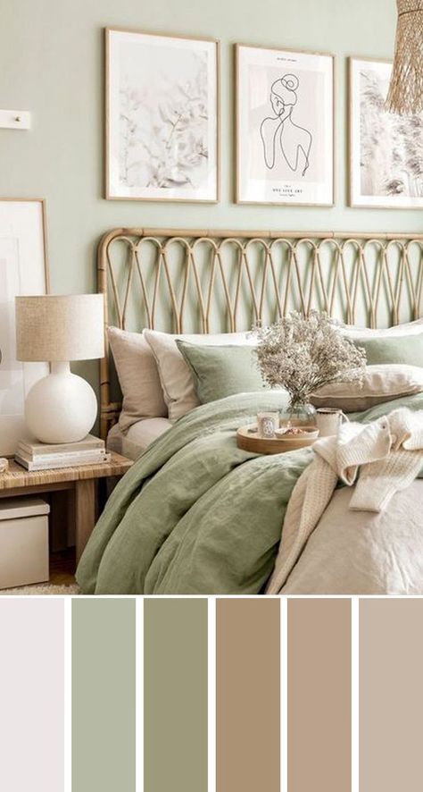 Light Sage Green Bedroom, Cream And Green Bedroom, Pink Green Bedrooms, Light Green Bedrooms, Sage Bedroom, Rattan Bedroom, House Bedroom Ideas, Feng Shui Bedroom, Sage Green Bedroom