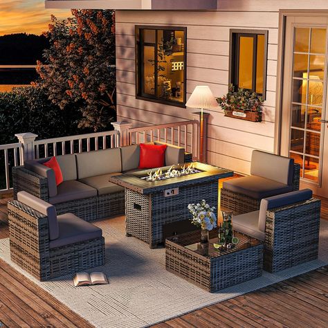 Patio Furniture 8 Pieces Outdoor Furniture Set with 40" Fire Pit Table Wicker Rattan Sectional Conversation Set with Coffee Table for Patio, Garden, and Backyard, Small Size People, Grey Coffee Table Fire Pit, Table Fire Pit, Corner Chairs, Grey Cushion, Outdoor Furniture Set, Patio Conversation Sets, Outdoor Conversation Sets, Patio Fire Pit, Coffee Table Grey