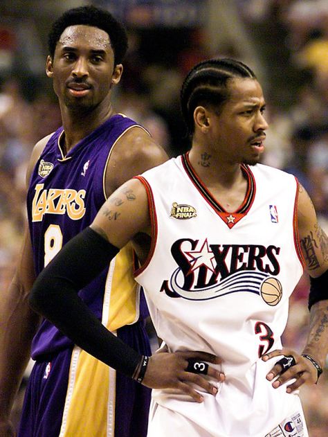 Kobe Bryant and Allen Iverson 2001 NBA Finals 2001 Nba Finals, Wallpaper Nba, Kobe Bryant Pictures, Kobe Bryant Black Mamba, Kobe Bryant Wallpaper, Lakers Kobe, Basketball Photography, Nba Wallpapers, Nba Pictures