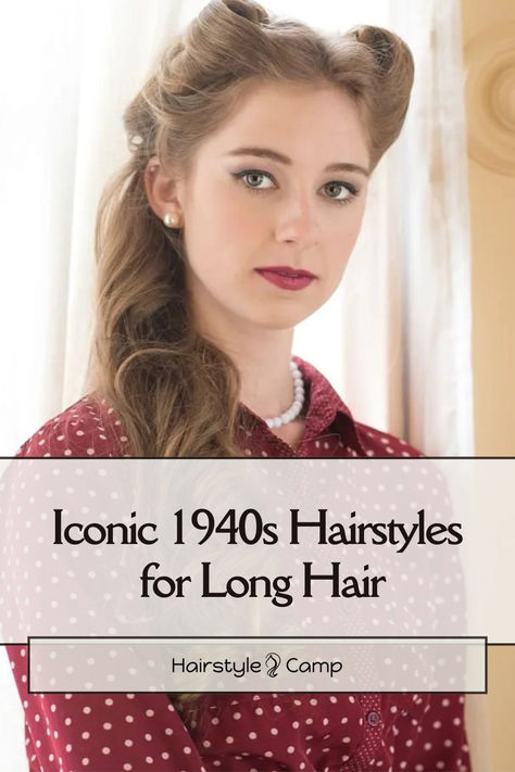 40s Long Hairstyle 1930 Womens Hairstyles, Long Hair 1940’s Style, Old Lady Long Hairstyles, Hairstyles In 40s, Retro Long Hairstyles, 1940s Long Hair, Easy Retro Hairstyles For Long Hair, 1940 Hairstyles For Long Hair, Over 50 Hairstyles For Women Long