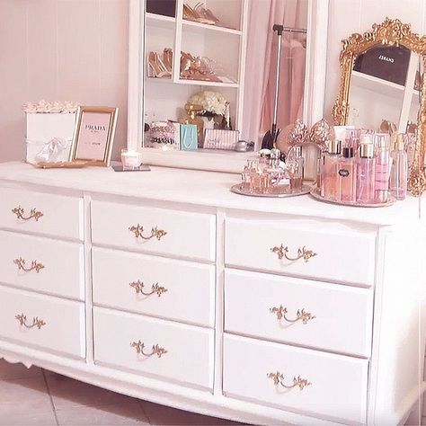 french & parisian inspired white dresser with a gold mirror and gold handles. Coquette Dresser, Bedroom Dresser Decor With Mirror, White Dresser Bedroom, Girly Bedroom Decor, Dresser Decor Bedroom, Girly Room Decor, Dresser Redo, Guest Bedroom Decor, French Mirror