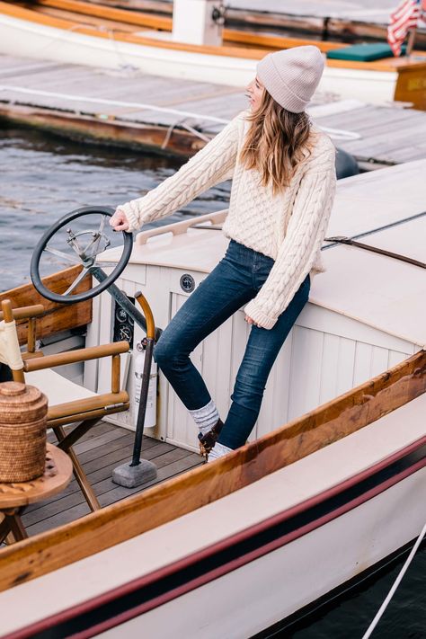 Jess Ann Kirby wears sperry boots and an LL Bean fisherman sweater with a cashmere beanie to weather New England in the fall Ll Bean Fisherman Sweater Outfit, Llbean Sweater Outfit, Winter Boat Ride Outfit, Nautical Fall Outfits, Cape Cod Winter Outfit, New England Outfit Aesthetic, Fall Boating Outfit, Winter Boating Outfit, How To Style Duck Boots